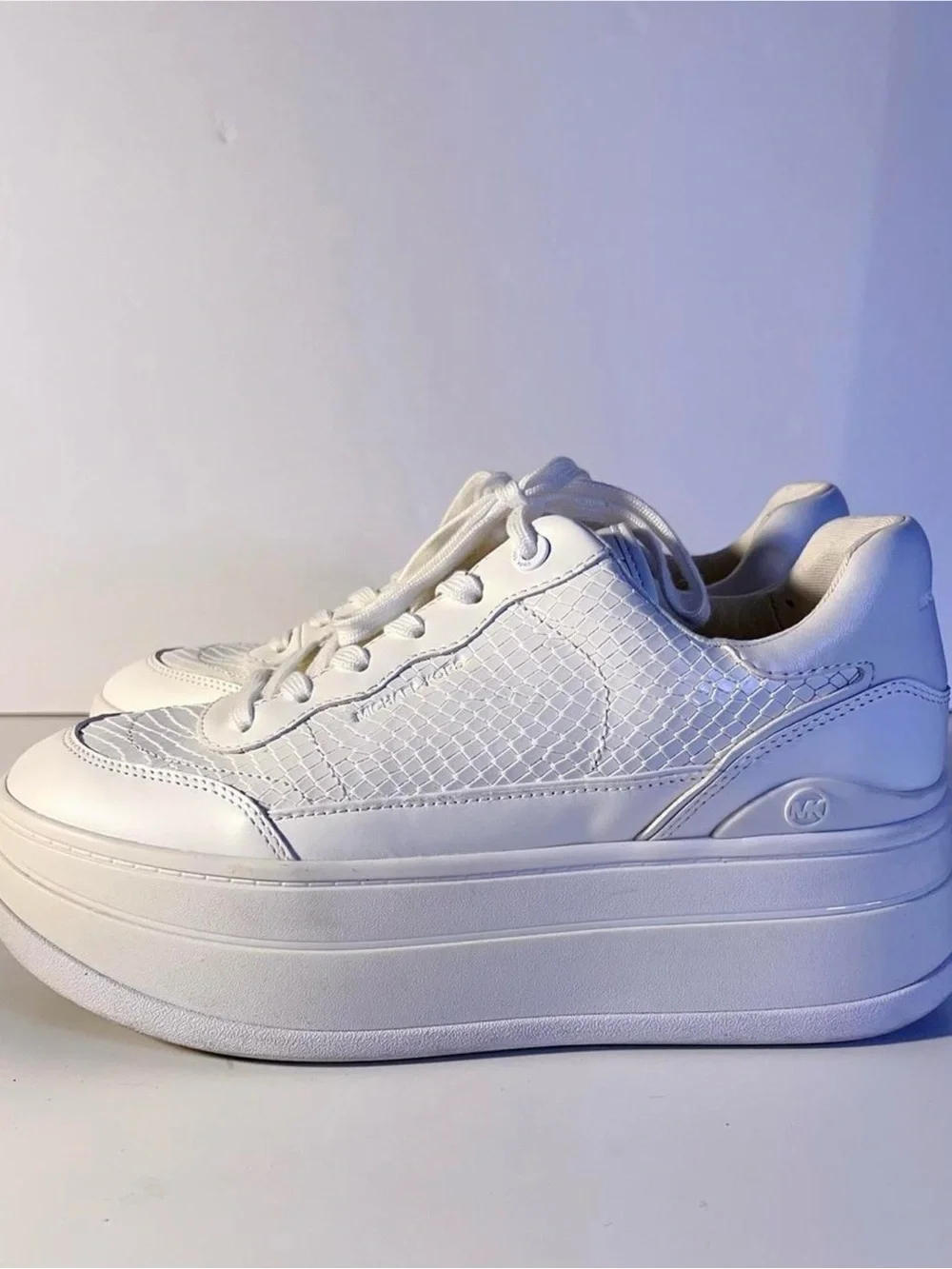 Michael Kors White Platform Lace-Up Sneakers with Woven Detail